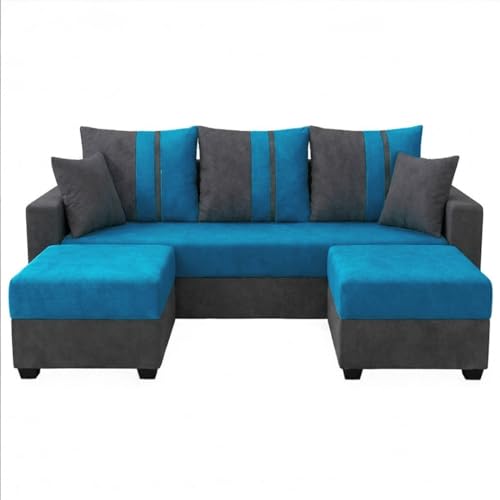 Image of Zenix 5 Seater L Shape Sofa Set with 2 Movable Ottomans | Flexible Layout | Rich Velvet Suede Fabric | Silver Legs | Spacious Seating | Modern Sofa for Living Room (Dark Grey-Aqua Blue)