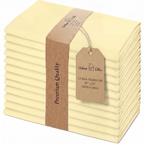 Urban Villa Cloth Napkins 100% Cotton Highly Absorbent Washable Durable Reusable Premium Dinner Napkins Ideal for Gifts for Mothers Day Hotel Farmhouse Parties - Yellow (20 x 20 Set of 12)