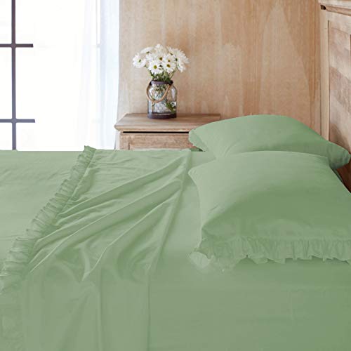 Drap plat à volants coton égyptien 600 fils lit double vert mousse respirant