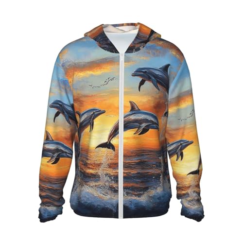 UPF 50+ Sun Protection Hoodie Long Sleeve Dolphins at Sunset Sun Shirt Rash Guard Fishing Shirts for Men