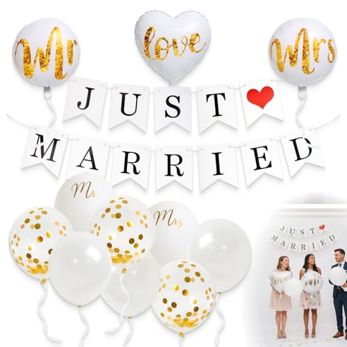 Décoration Mariage Set avec Guirlande Just Married, Mr & Mrs Wedding Decoration, Ballons Latex et Aluminium, Guirlande Vintage, Décoration de Table, Fête,...