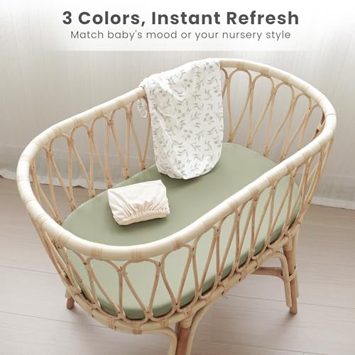 Image of Konssy 3 Pack Stretchy Bassinet Sheets for Baby Girl Boy, Soft Breathable Baby Bassinet Mattress Sheets Fit for Hourglass Oval Cradle, Moses Basket Rectangle Mattress (Green Leaves)
