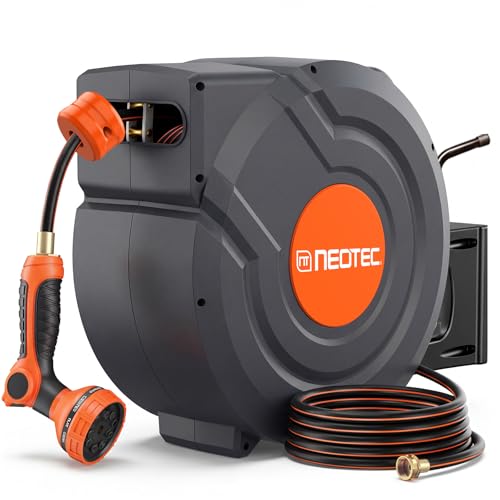 Upgraded Retractable Garden Hose Reel 1/2 inch x 155 ft Metal Bracket Wall-Mounted 9 Pattern Nozzle Any Length Lock Automatic Slow Return 180° Swivel UV Resistant Heavy Duty Hose Reels for Outside by NEO-TEC - Used condition - US$105.11