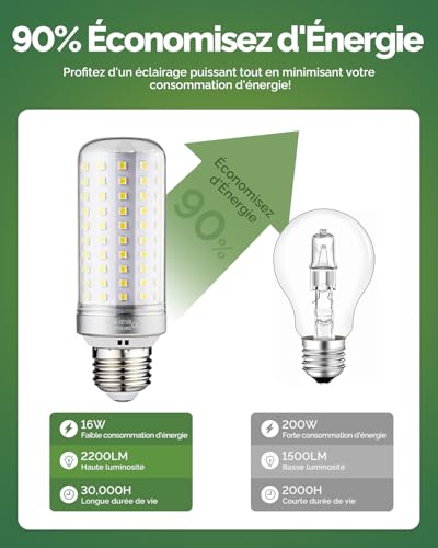Fondiiz Ampoule LED E27 Blanc Neutre 4000K, 2200LM 16W Puissante, Lot de 4 – vue 3