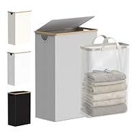 efluky 63L Slim Laundry Baskets with Lid, Collapsible Laundry Hamper with Removable Bag, Small Slimline Washing Basket for Dirty Clothes, Cloth Storage Basket Light Grey