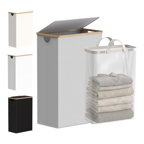 Image of efluky Slim Laundry Basket with Lid, Narrow Laundry Hamper with Removable Bag, Skinny Dirty Clothes Basket with Bamboo Handles for Bathroom, Bedroom & Laundry Room, 75L Light Grey