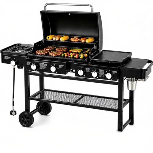 3-in-1 Outdoor BBQ Grill Combo – Gas & Charcoal Grill with Side Burner, Large Cooking Area, Multi-Function Barbecue Grill with Side Shelves & Wheels for Backyard, Patio & Party