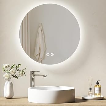 Foto di EMKE Specchio da bagno rotondo da 600 mm, Bluetooth, con luci LED, retroilluminato, da parete, con anti-appannamento, altoparlante Bluetooth, specchio intelligente 6000 K, dimmerabile, controllo touch