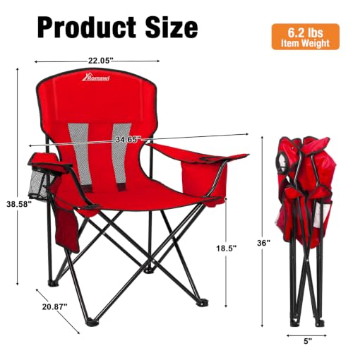 Image of Camping Chairs for Adults 2 Pack, Folding Chair with 4-Can Cooler Bag & Cup Holder, Portable Heavy Duty Outdoor Chair for Camping, Beach, Lawn, Fishing, Red