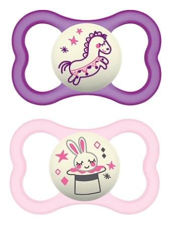 MAM Air Night Pacifiers, MAM Sensitive Skin Pacifier 6+ Months, Glow in The Dark Pacifier, Best Pacifier for Breastfed Babies, Baby Girl Pacifiers, 6-16 (Pack of 2)