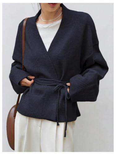 Image of WDIRARA Women's Wrap Long Sleeve Tie Front Cardigan | V Neck, Belted Sweater, Casual, Long Sleeve, Tie Waist, Knit Top