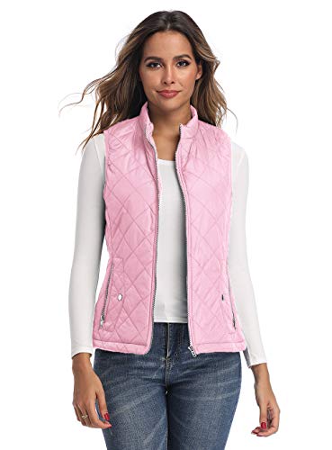 LONGKING Pink Women's Vest, Stand Collar Lightweight Zip Quilted Vest for Women XL
