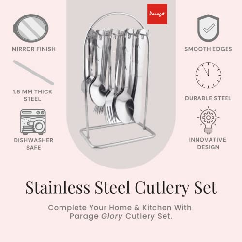 Parage 25 Pieces Glory Stainless Steel Cutlery Set for Home & Kitchen (Contains: 6 Table Spoons, 6 Forks, 6 Tea Spoons, 6 Knives, 1 Stand), Spoon Set, Cutlery Set for Dining Table Stylish, Silver