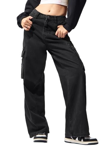 Image of The Souled Store Wide-Leg Denim: Carbon Black Japanese Script Embroidered Women and Girls Buttoned Black Washed Cotton Denim Wide Leg Fit Six Pocket Everyday Denim Jeans