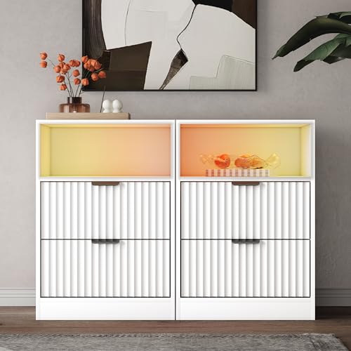 Image of Wodeer Fluted Nightstand Set of 2, LED Nightstand with Charging Station, Wood Nightstands with 2 Drawers & Metal Handles, Modern Bedside Table & End Tables, Farmhouse Night Stands for Bedroom, White