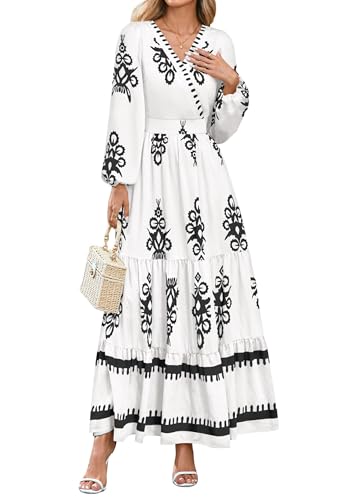 PRETTYGARDEN Women's 2025 Fall Wedding Guest Dresses Boho Floral Long Sleeve V Neck Flowy Elegant Maxi Dress Beach Clothes (Floral White Black,Large)