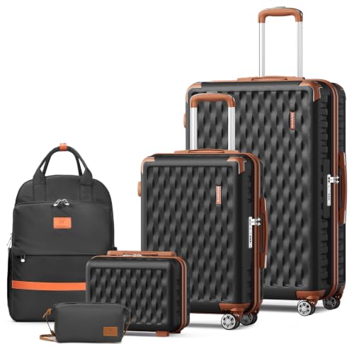Image of Melalenia Luggage Sets 5 Piece Hard Shell Carry on Suitcase with Spinner Wheels and TSA Lock, Lightweight Travel Backpack for Women, Men, Black Brown
