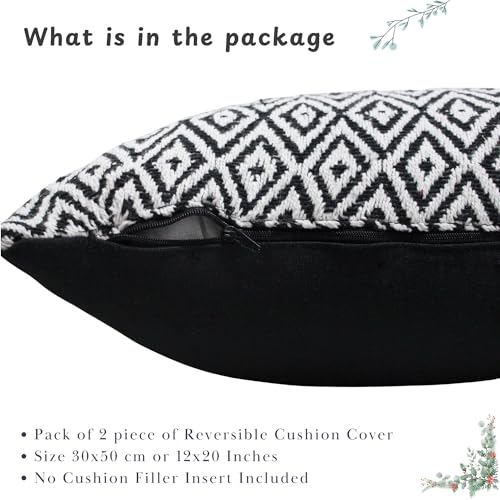 Image of Reversible 20x12 Black Cotton Argyle Woven Pack of 2 Fashion Throw Pillow Covers Cases for Couch Sofa Home Decoration | 50x30 cm