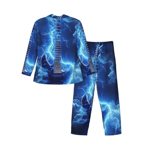 Electric Guitar With Lightning Mens Pajamas Set Button Down Sleepwear Set Long Sleeve Loungewear With Pockets4