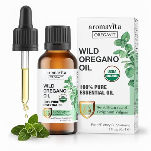 AROMAVITA Wild Oregano Oil Organic - 100% Pure Undiluted Organic Wild Oregano Oil with 86-90% Carvacrol, Immune Support - Plant-Based, Herbal Supplement - Vegan, Non GMO, Gluten Free, 1fl.oz/30ml