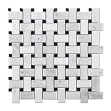 Tenedos Carrara White Marble Basketweave Polished Mosaic Tiles with Black Dots for Kitchen...