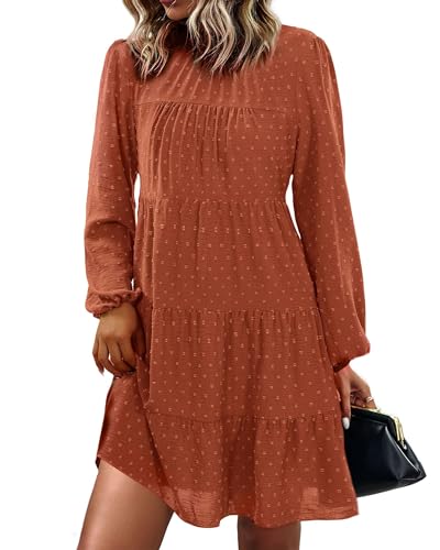 KIRUNDO Women's 2024 Fall Winter Long Sleeve Ruffle Mock Neck Tiered Babydoll Dress Casual Swiss Dot Tie Back Swing Mini Dresses(Dot-Brown, Large)