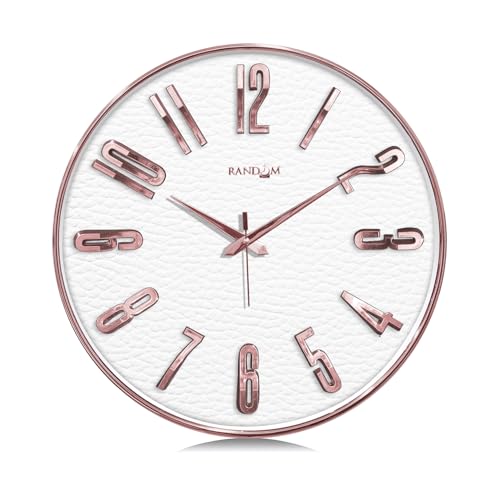 Image of RANDOM Sweep Silent Wall Clock, Non-Ticking Quartz Movement with 3D Foiling Numbers. (Rose Gold and White)
