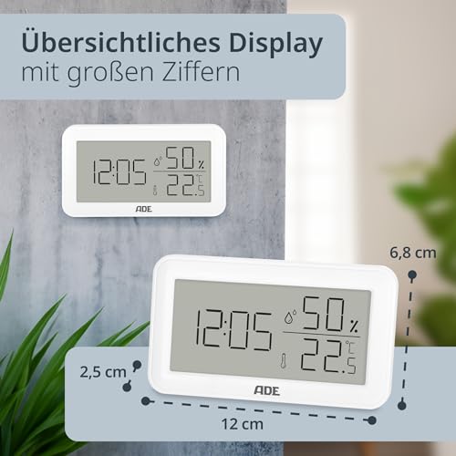 ADE Thermometer mit Luftfeuchtigkeitsmesser innen | digitale Badezimmeruhr mit Temperatur | Feuchtigkeitsmessgerät mit Uhrzeit | Hygrometer für Büro, Kinderzimmer, Schlafzimmer, Bad | Querformat weiß
