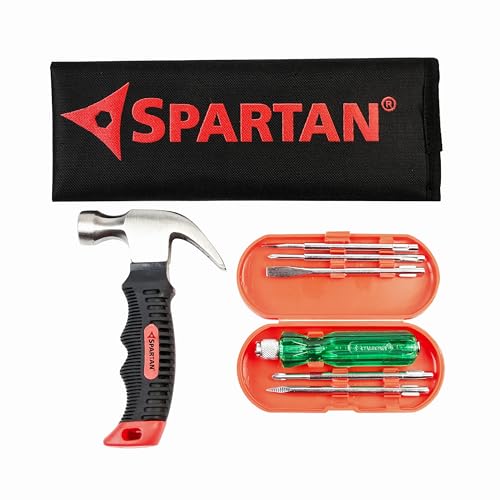 Image of Spartan 5-in-1 Multi-Purpose Screwdriver Kit with Mini Claw Hammer | Forged Carbon Steel Head | Non-Slip Rubber Grip Handle | Stubby Hammer & Screwdriver Set for Woodworking, DIY & Household Repair