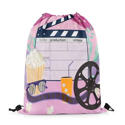 Erosebridal Home theater Drawstring Backpack 13X15.7 for Family Popcorn Filmstrip Print Drawstring Bags Clapper Board Decor Draw String Back Bag Movie Theme String Backpack Film Cinema Cinch Bag
