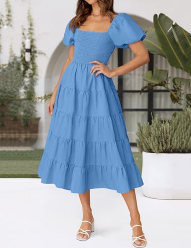 Image of ZESICA Women's 2026 Summer Puff Sleeve Midi Dress 2026 Boho Solid High Waist Flowy Beach Wedding Guest Long Dresses