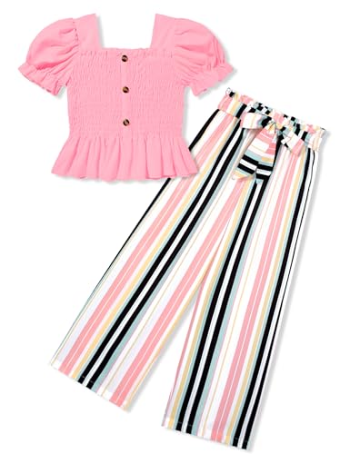 Image of Girls Clothes Solid Color Square Collar Stretch Top and Wide Leg Pants Clothes for Teen Girls 6-14Y