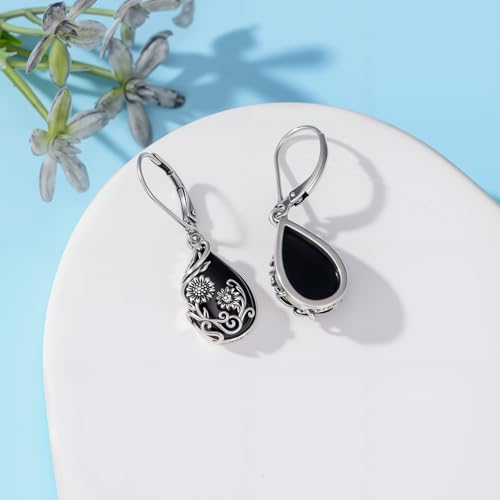 Boucles d'oreilles onyx noir en argent 925 de style goutte et fleur
