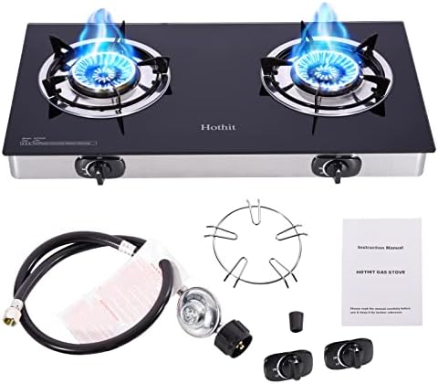 Hothit Portable 2 Burner Propane Stove Gas Cooktop, 28600 BTU Tempered Glass Auto Ignition for Outdoor Kitchen, Camping, RV, Small Apartment