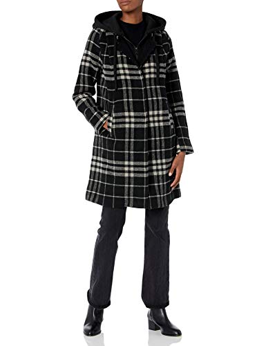 RACHEL Rachel Roy Women's Wool Plaid Coat with Solid Hood and Bib, Blk/White, XL