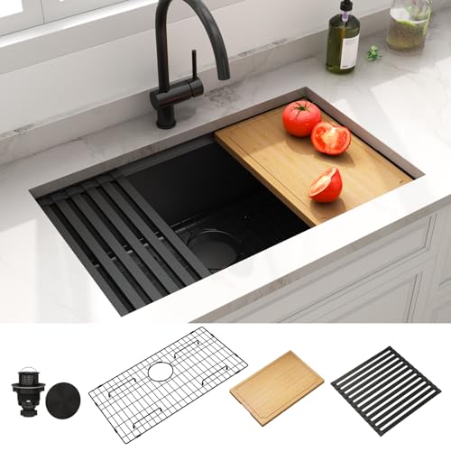 Image of LQS 30 Inch Kitchen Sink, Black Undermount Kitchen Sink, Large Deep Black Workstation Single Bowl Sinks, 16 Gauage T304 Stainless Steel Material, Smart Workstation Ledge With Pratical Accessories