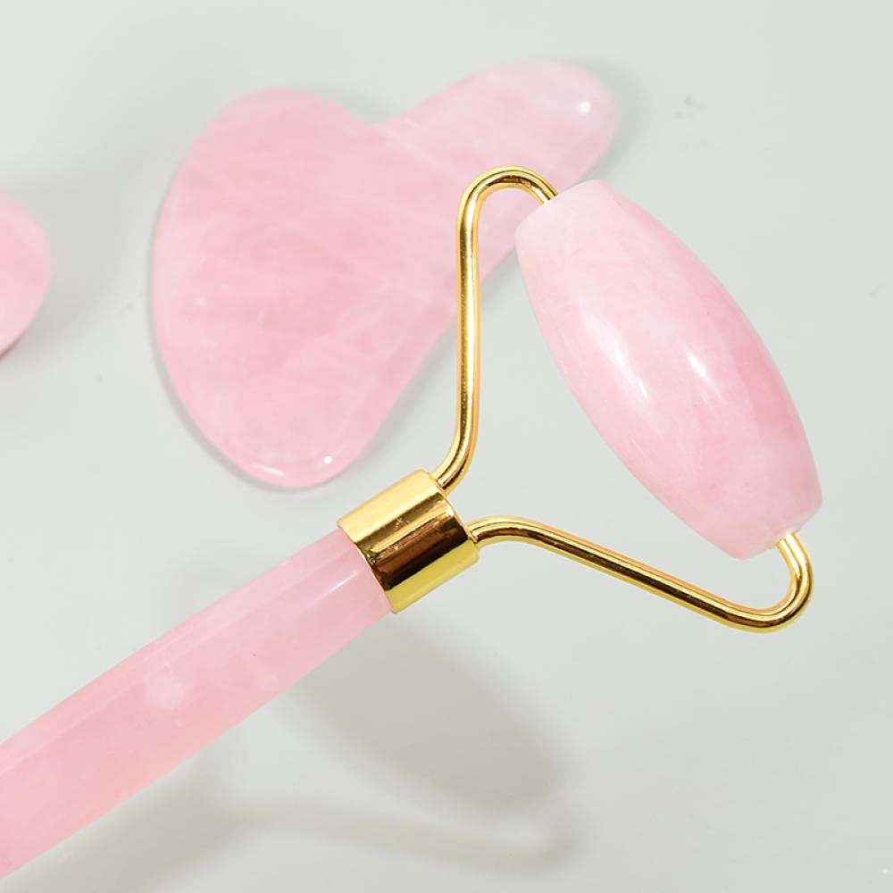 Set di strumenti di massaggio del rullo viso di Guasha Massager del quarzo della rosa-2 pezzi