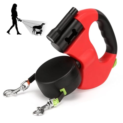 CRWEOM Hundeleine Doppelleine für 2 Hunde – Einziehbare Rollleine mit 360° Drehfunktion, LED-Beleuchtung & Reflektierendem Nylon | Ergonomischer Griff, Rot