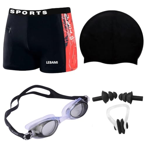 Image of Men's Swim Trunks Set with Swimming Goggles, Cap, Nose Clip & Earplugs - Quick Dry Printed Swim Shorts for Beach & Pool - Comfortable Elastic Waist Swimwear Combo
