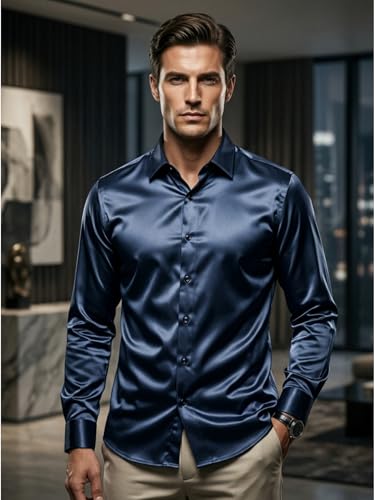 Image of DEELMO Men's Stylish Solid Satin Casual Shirt for Men Full Sleeves| Poly Satin Silk Shirt