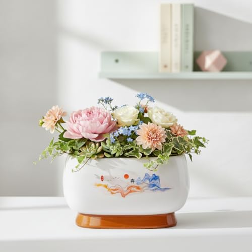 Image of Xtore Graceful Hand-Painted Ceramic Bonsai Planter Pot for Indoor & Tabletop Decor | Wide Round Bowl with Artistic Motif & Drainage Hole (Pack of 1, Planter Only)