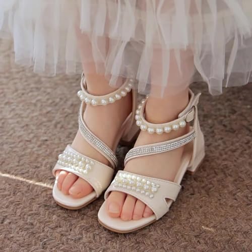 Girls Dress Sandals Kids Low Heels Open Toe Wedding Party School Summer Pearls Glitter Strap Flower Girl Shoes2