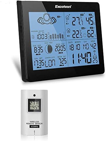 Excelvan Wireless Thermometer Hygrometer Weather Station Forecast Moonphase Temperature Humidity Tester Clock Alarm Indoor Outdoor Sensor Ice Alert Black