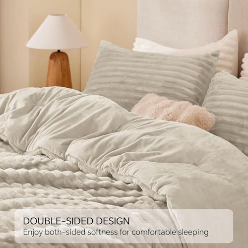Image of BEDELITE Fleece Full Comforter Set -Super Soft & Warm Fluffy Linen Bedding, Luxury Fuzzy Heavy Bed Set for All Season with 2 Pillow Cases
