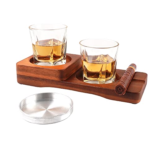 Shikha Rustic Wooden Cigar Ashtray Coaster Cigar Whiskey Glass and Tray Holder,Slot to Hold Cigar, Cigar Rest, Cigar Accessory Set Gift for Men Father's Day (square)