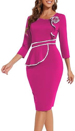 Image of Funeral Church Dresses for Women Formal Long Sleeve Wrap Business Work Dress Vintage Ruched Midi Pencil Dress