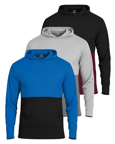 Real Essentials 3 Pack: Men's Mesh Long Sleeve Athletic Pullover Hoodie Sweatshirt Pockets UPF 50+ (Available in Big & Tall)