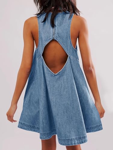 Image of utcoco Women's 2026 Summer Sleeveless Denim Mini Dress Back Cut Out A Line Swing Jean Tank Dress