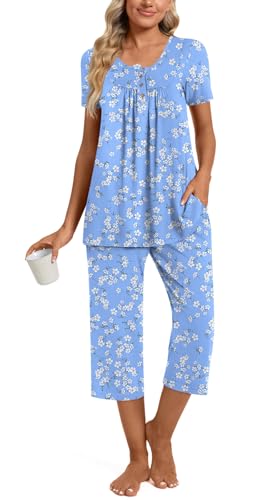 Image of Womens Summer Pajama Sets 2 Piece Short Sleeve Top and Capri Pants Plus Size Ladies Lounge Pjs Sets with Pockets