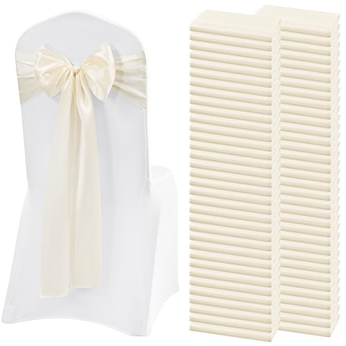 Lykoow 100 Pieces Ivory Satin Chair Sashes for Wedding Reception Party Hotel Home Kitchen Decoration-Ivory